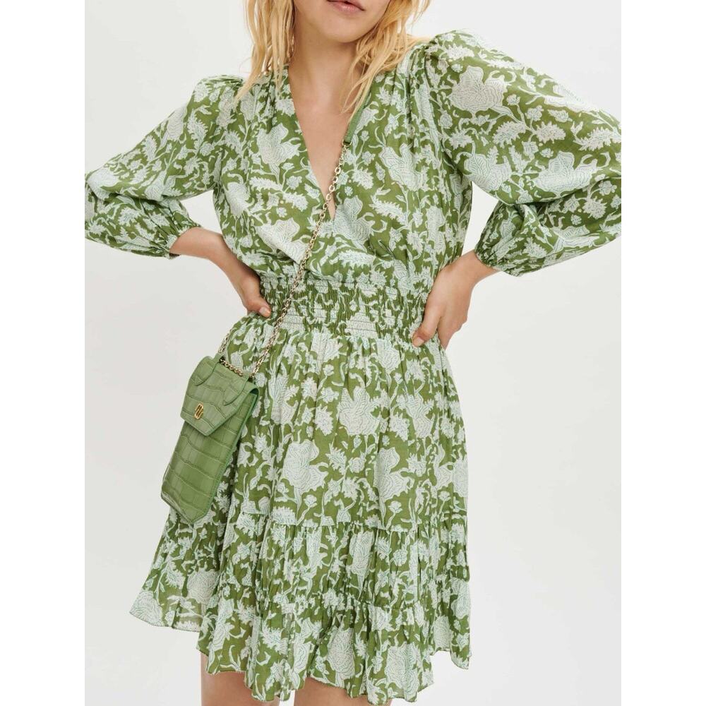 Maje Green Floral Cotton Mini Dress Cinched Waist 36 Small